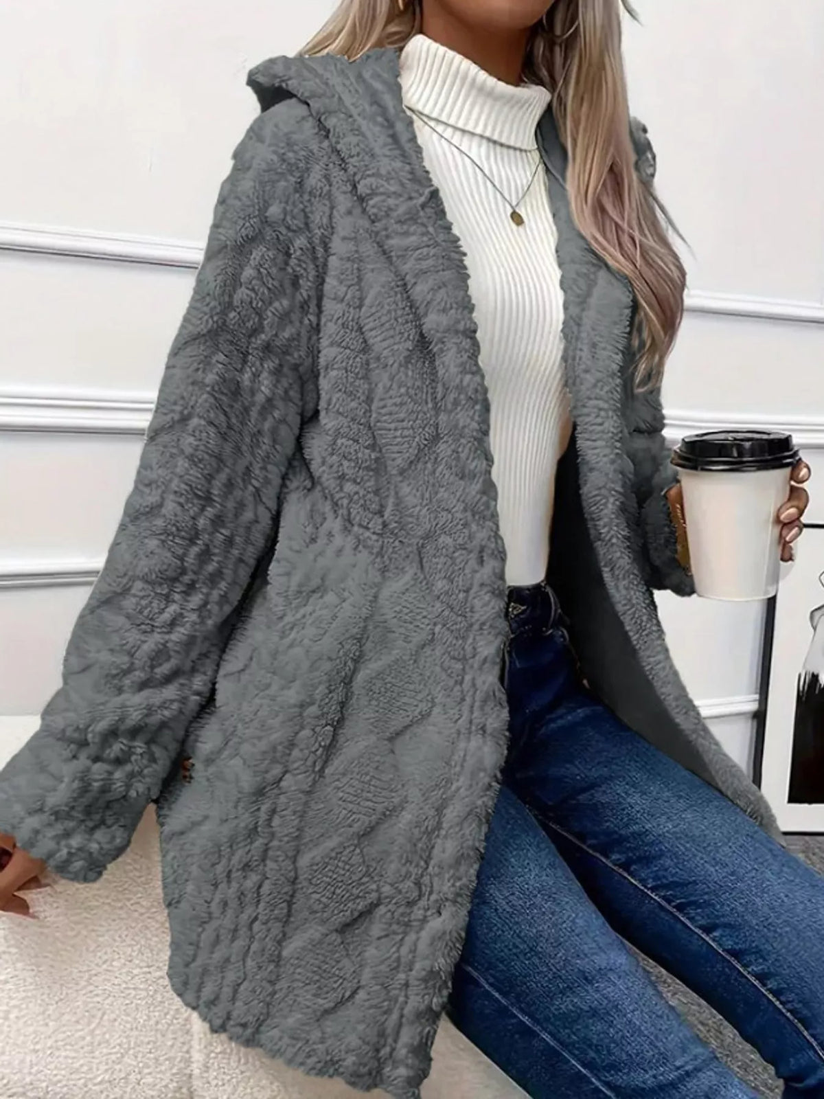 Plus size cozy cable-knit faux fur hooded outerwear by Trendsi featuring a full-size, warm, stylish cable-knit design with a faux fur hood.