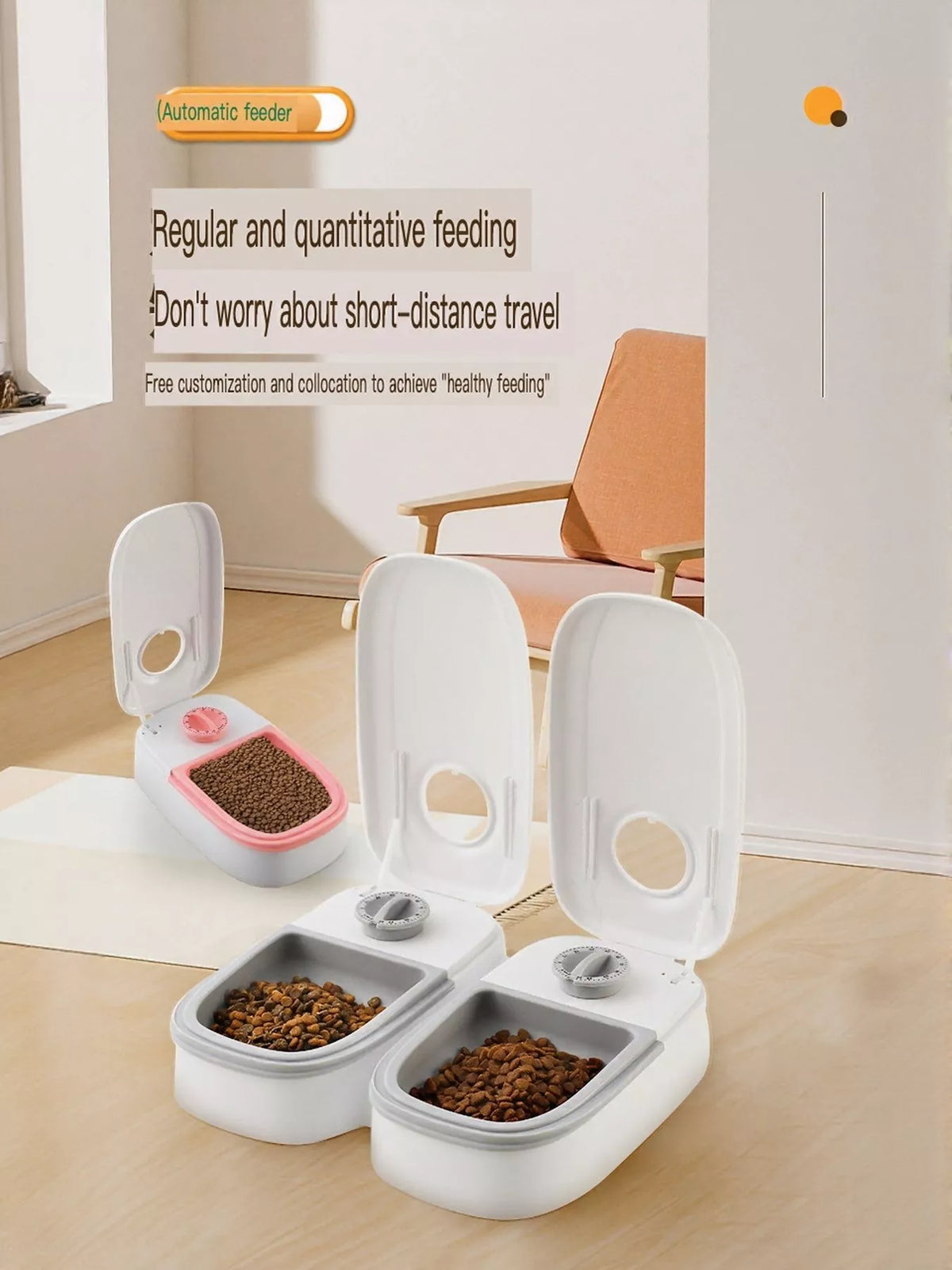 Automatic pet feeder with portion control by Trendsi, showing a sleek white device dispensing food into a bowl.