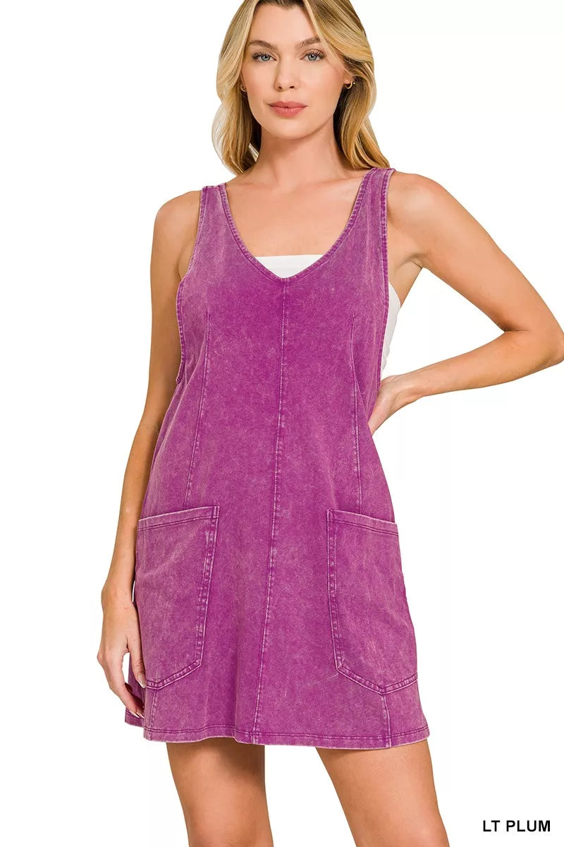 Light plum acid wash overall knit mini dress