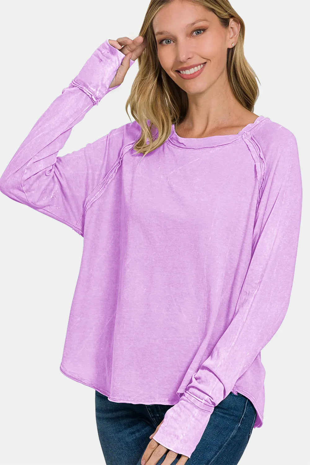 Zenana long sleeve T-shirt with round neck and thumbhole details, black fabric, casual style, perfect for comfortable everyday wear.