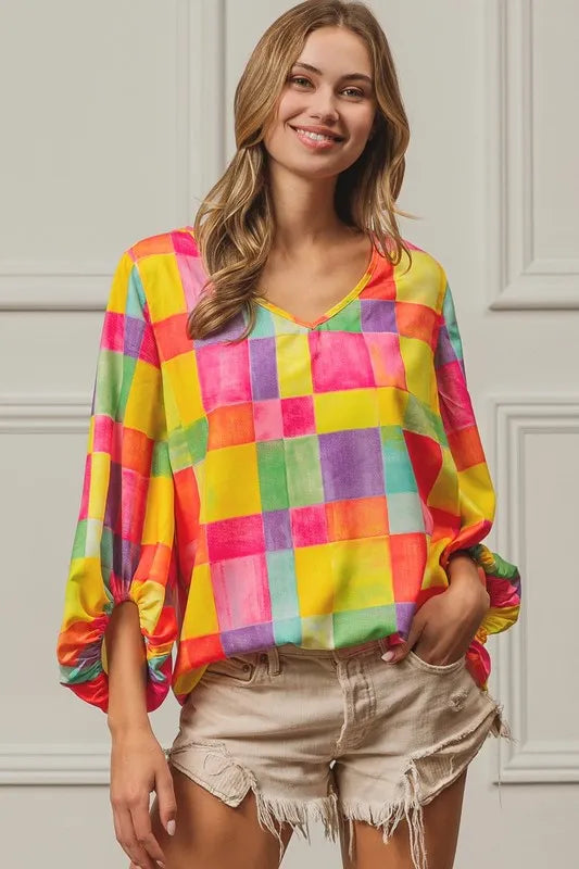 Colorful BiBi Multi Block Bubble Pop Balloon Top by Trendsi featuring vibrant bubble print and playful design.