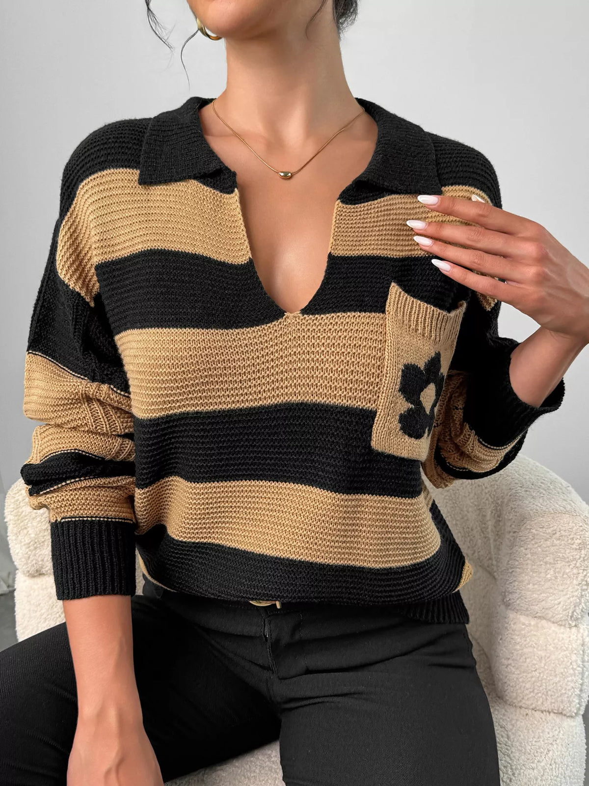 Striped polo collar sweater with floral pocket detail, view 4