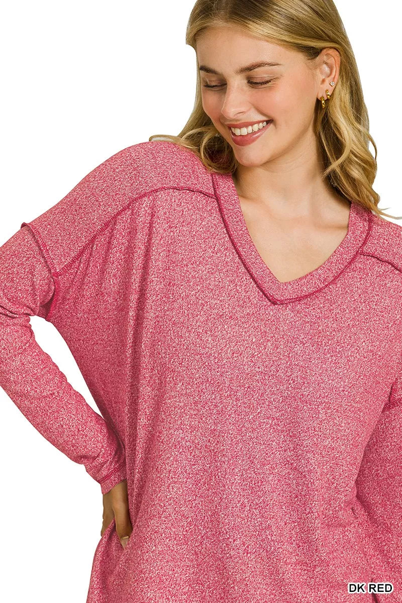 Soft melange Hacci hi-low tee by Zenana, featuring exposed seams and a relaxed fit, perfect for casual wear.