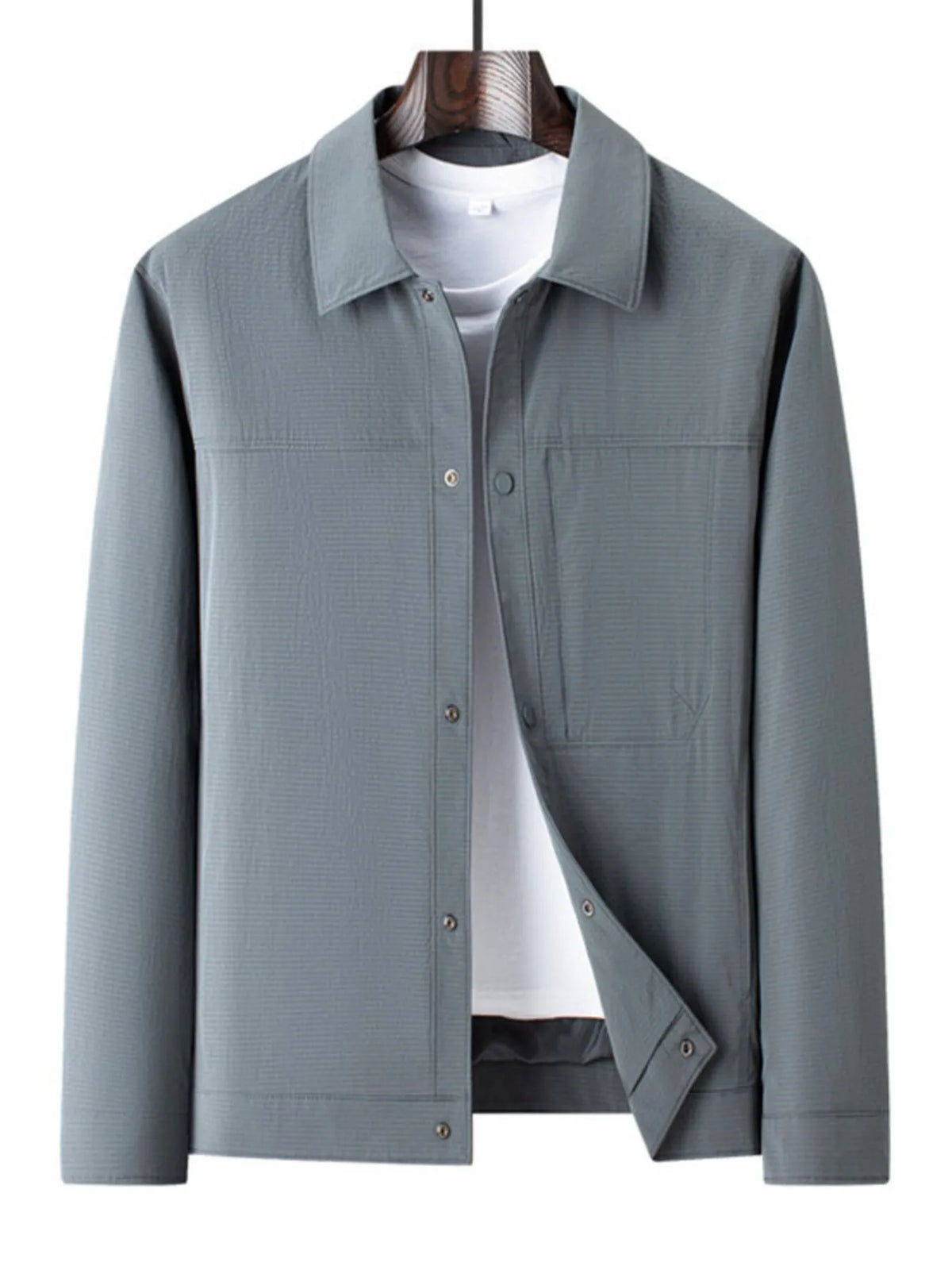 Men's plus size long sleeve button-up jacket with pockets, view 9