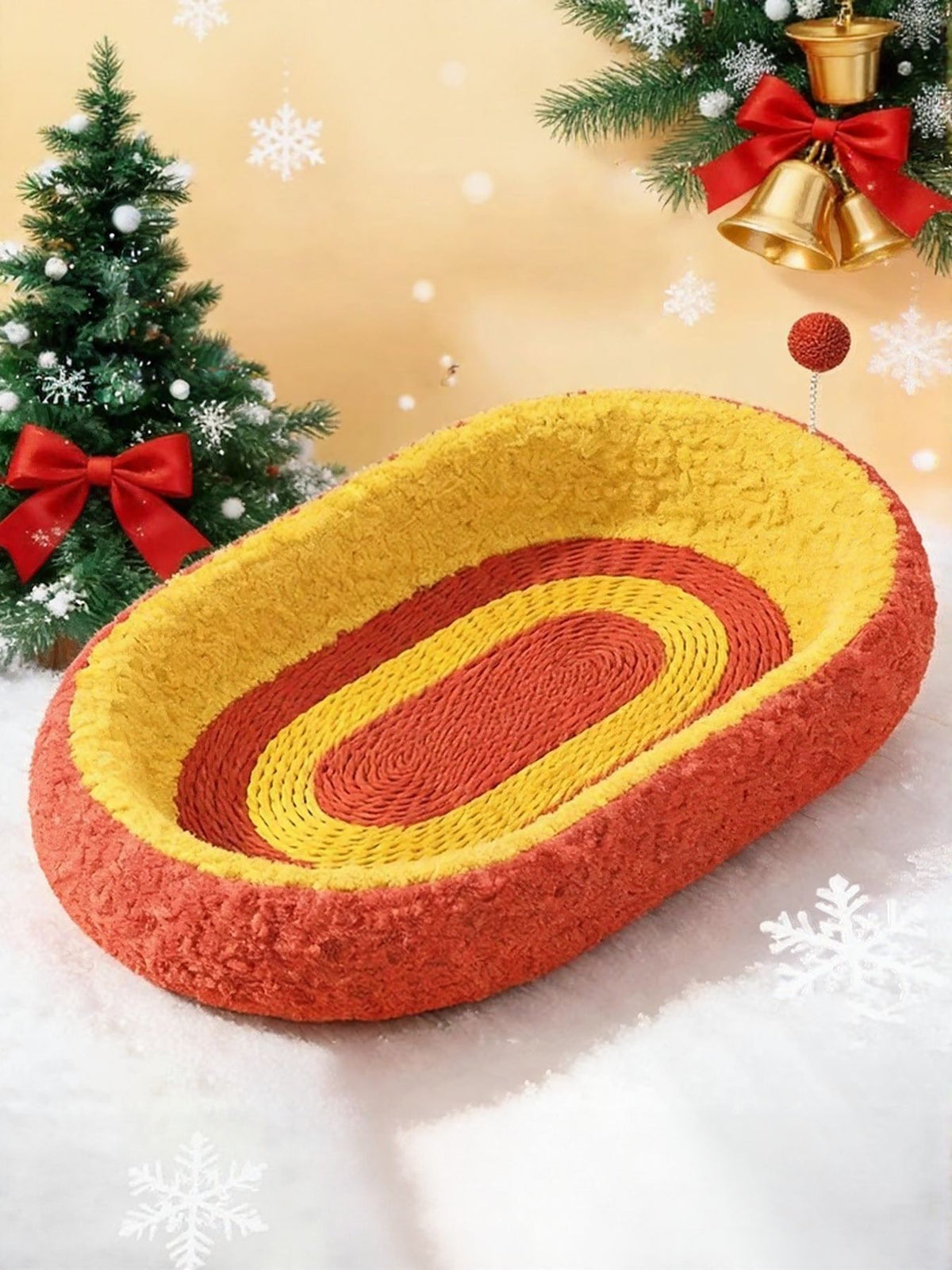 Oval cat scratching bed by Trendsi with plush fabric and sturdy scratching surface for cats to relax and scratch.