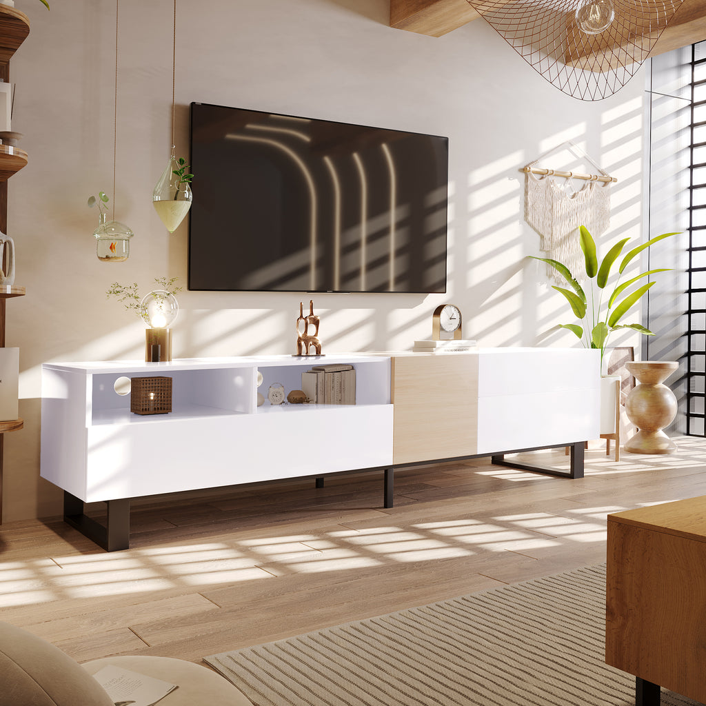 Modern TV Stand for 80'' TV with Double Storage Space Media Console Table Entertainment Center with Drop Down Door