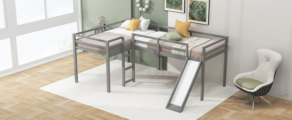 L-Shaped Twin Loft Bed with Ladder & Slide – Gray