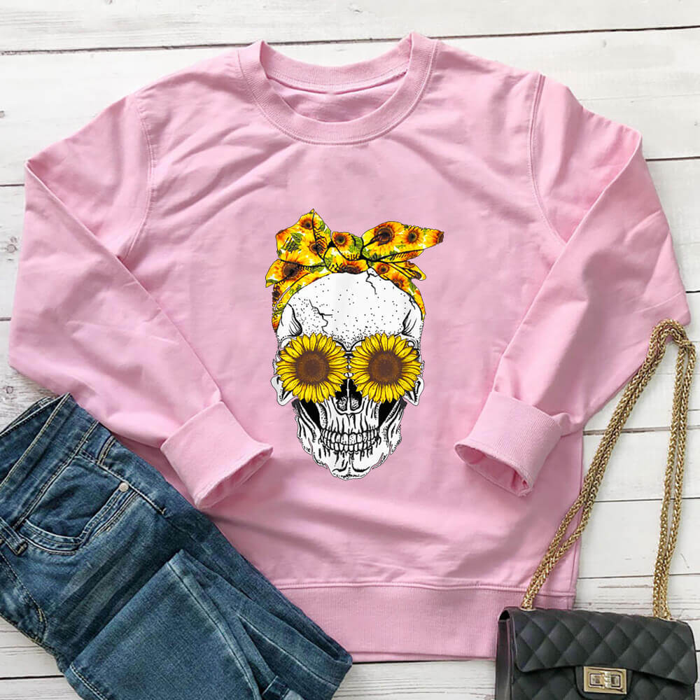 Women's Skull & Sunflower Loose Crewneck Sweatshirt