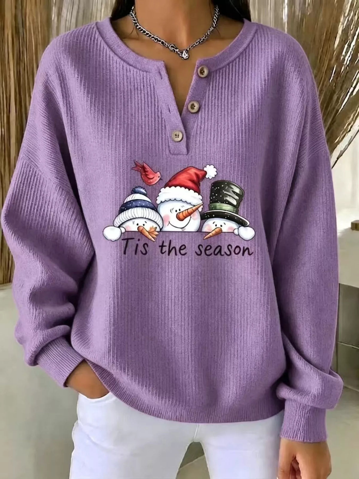 Christmas snowman graphic ribbed henley sweatshirt, view 15