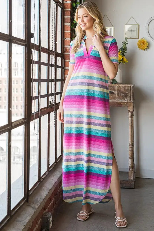 Plus size Heimish striped short sleeve maxi tee dress by Trendsi, featuring a relaxed fit and bold horizontal stripes.