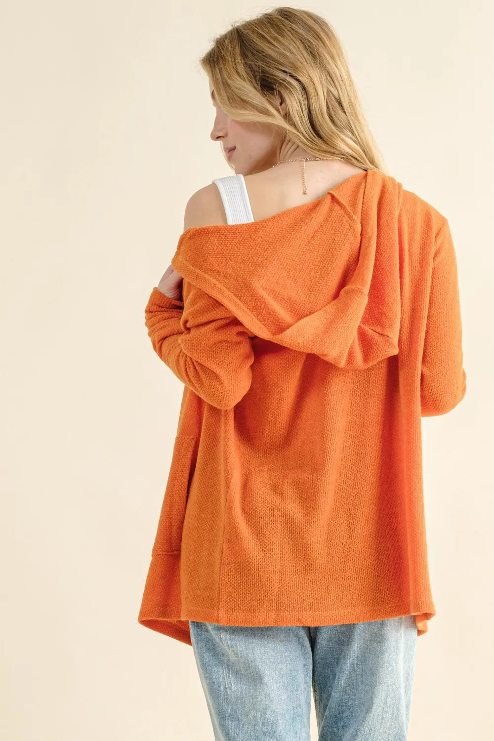 Dusty coral thermal hooded open-front cardigan with pockets, view 2