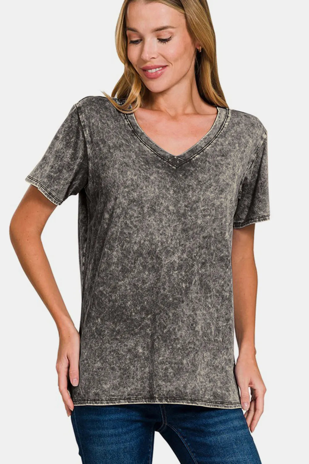 Zenana women's washed short sleeve V-neck T-shirt in soft fabric, casual style, shown in a natural fit and light color.