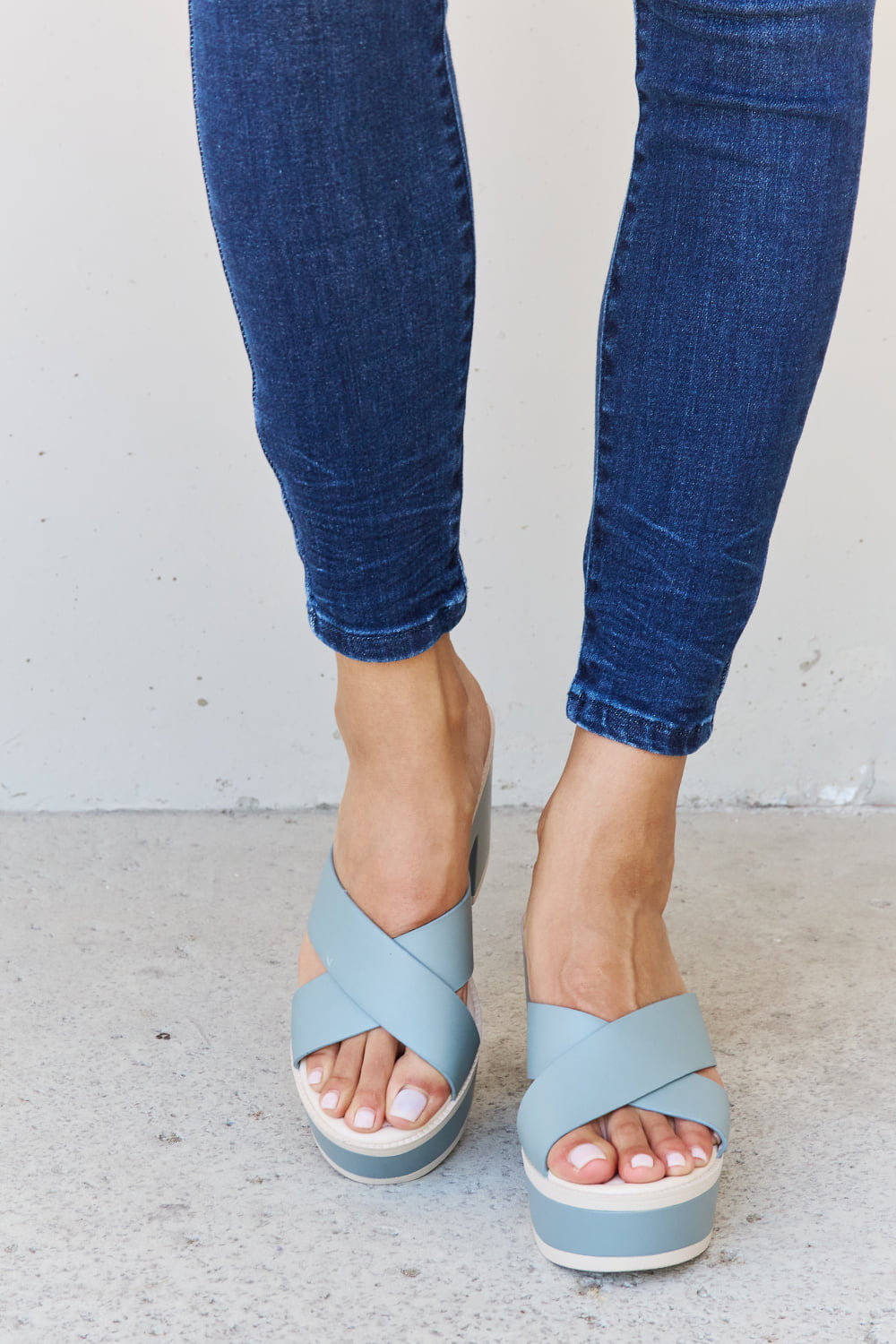 Weeboo Cherish The Moments contrast platform sandals in Misty Blue with chunky sole and ankle strap, trendy summer footwear.