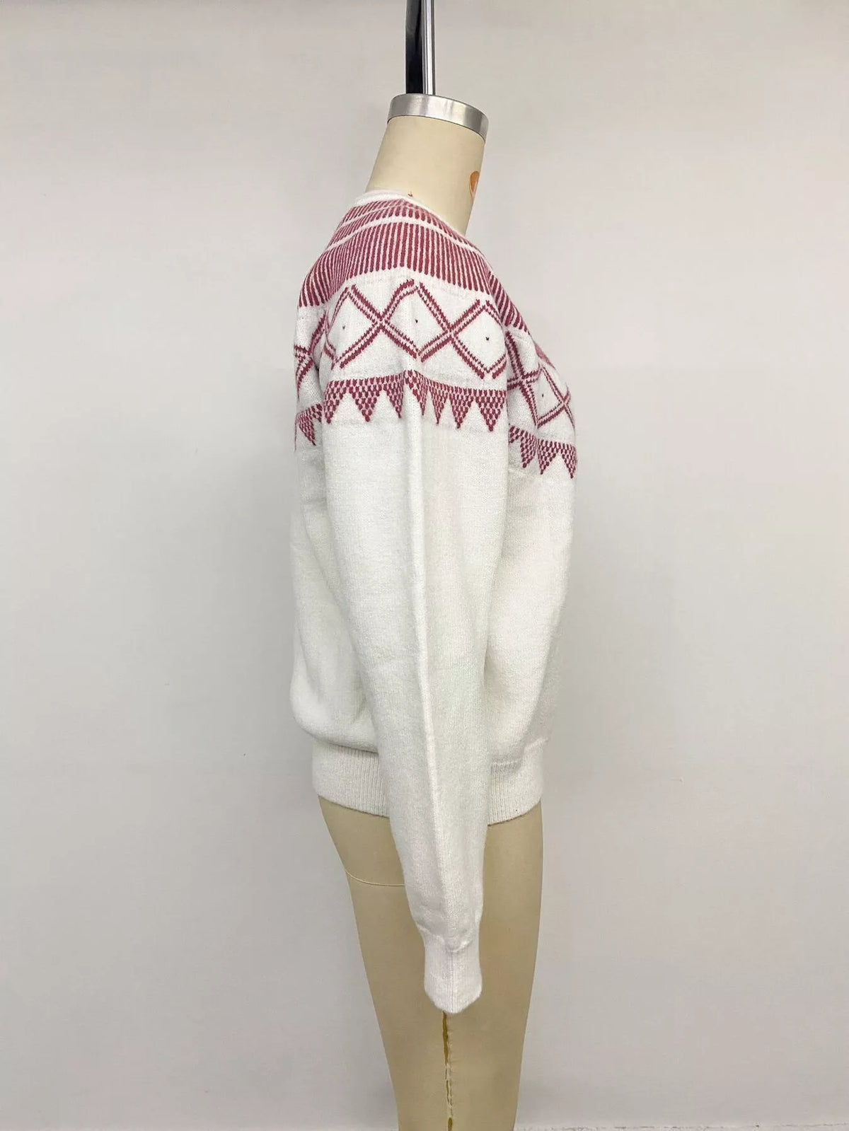 White geometric crew neck knit sweater, view 14