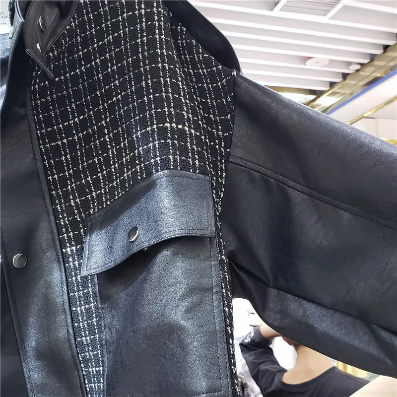 Autumn Women Black Leather Jacket Zipper Short Biker Coat Big Pocket Fashion Spliced PU Jackets Loose Bomber Jacket Female