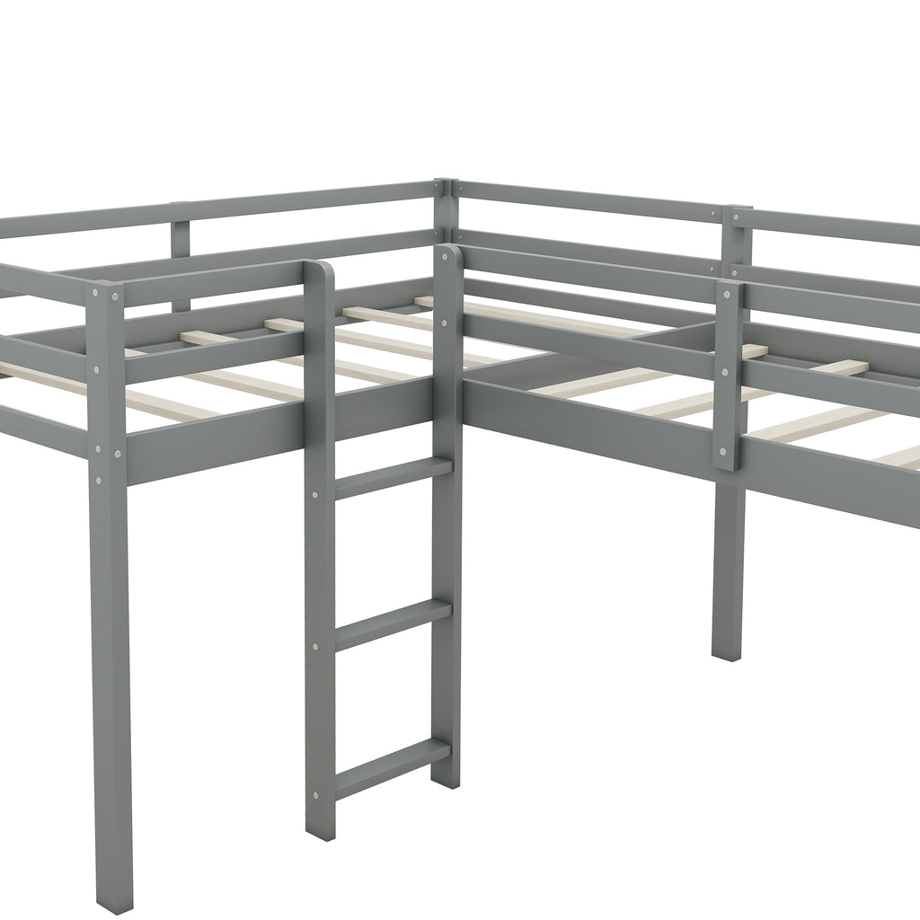 L-Shaped Twin Loft Bed with Ladder & Slide – Gray