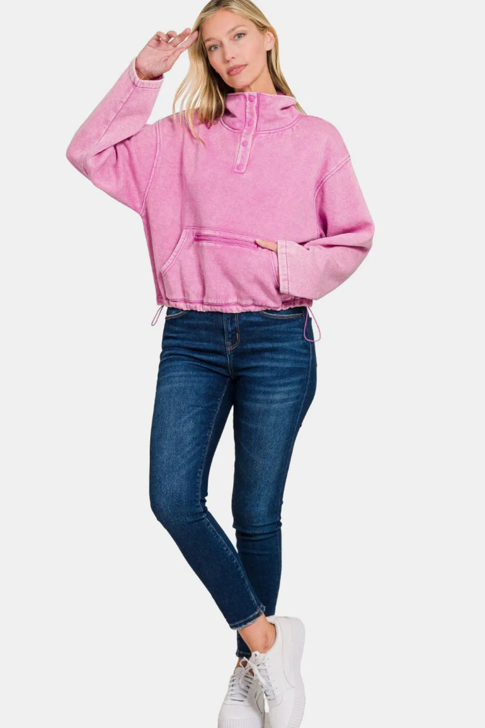 Mauve acid wash fleece half-snap sweatshirt with kangaroo pocket, view 3