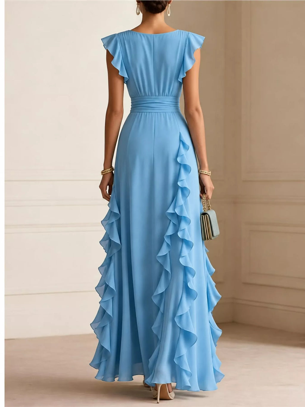 Ruffled surplice sleeveless maxi dress by Trendsi, flowing fabric with ruffled accents and a flattering V-neck design.