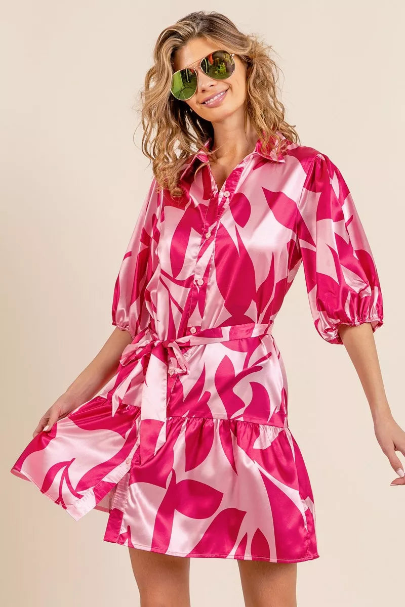 BiBi leaf pattern collared satin dress by Trendsi, featuring a stylish collar and elegant satin fabric with a vibrant leaf print.