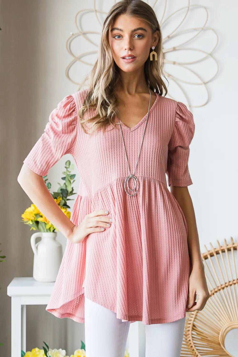 Heimish full size waffle knit V-neck babydoll top in soft fabric, displayed on a hanger with a relaxed fit and long sleeves.