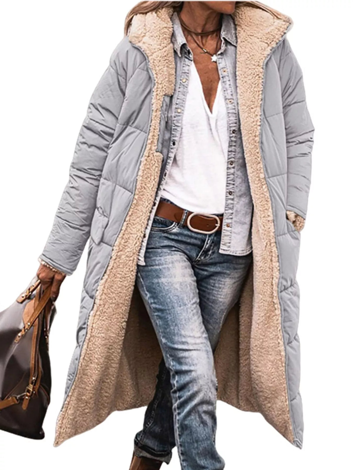 Plus size longline sherpa-lined hooded zip-up coat, view 3