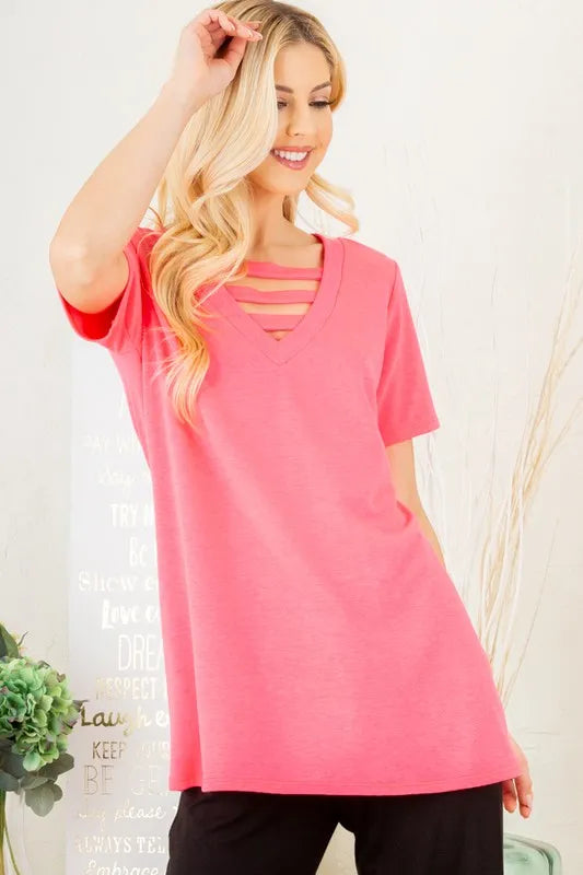 Plus size Heimish V-neck short sleeve T-shirt with bar detail, made by Trendsi, displayed with a relaxed fit and stylish design.