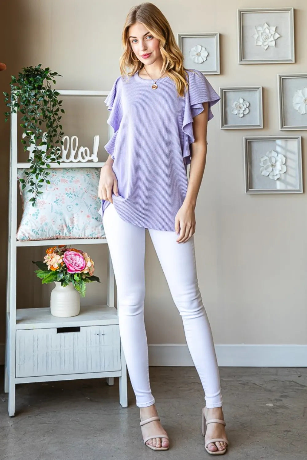 Heimish full size ribbed top with ruffled sleeves, black, fitted knit blouse for casual or stylish wear.