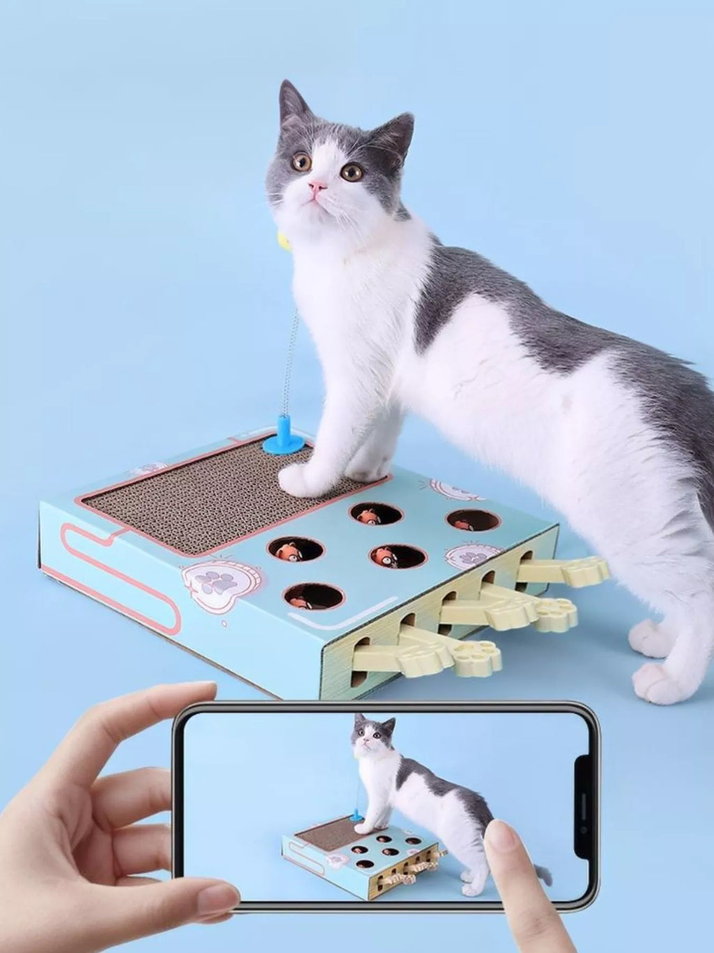 Interactive Whack-A-Mole cat toy box by Trendsi featuring colorful moles and a durable plastic play area for cats.