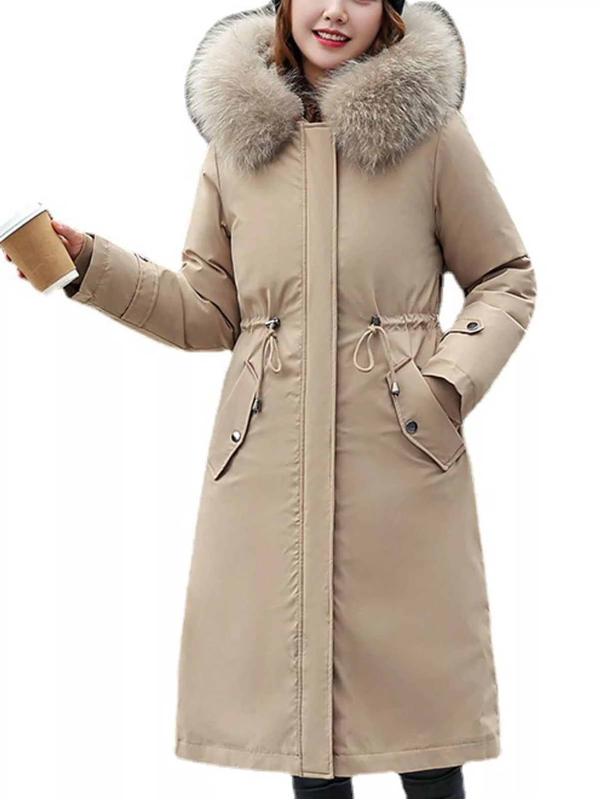 Longline hooded parka with faux fur trim and drawstring waist, view 3