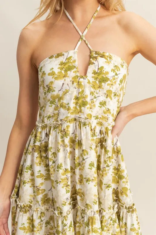 Floral print HYFVE halter neck tiered mini dress with ruffle details, perfect for summer or casual occasions.