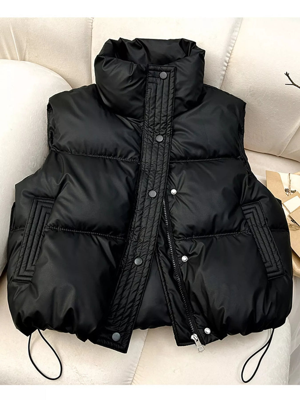Drawstring snap button puffer vest