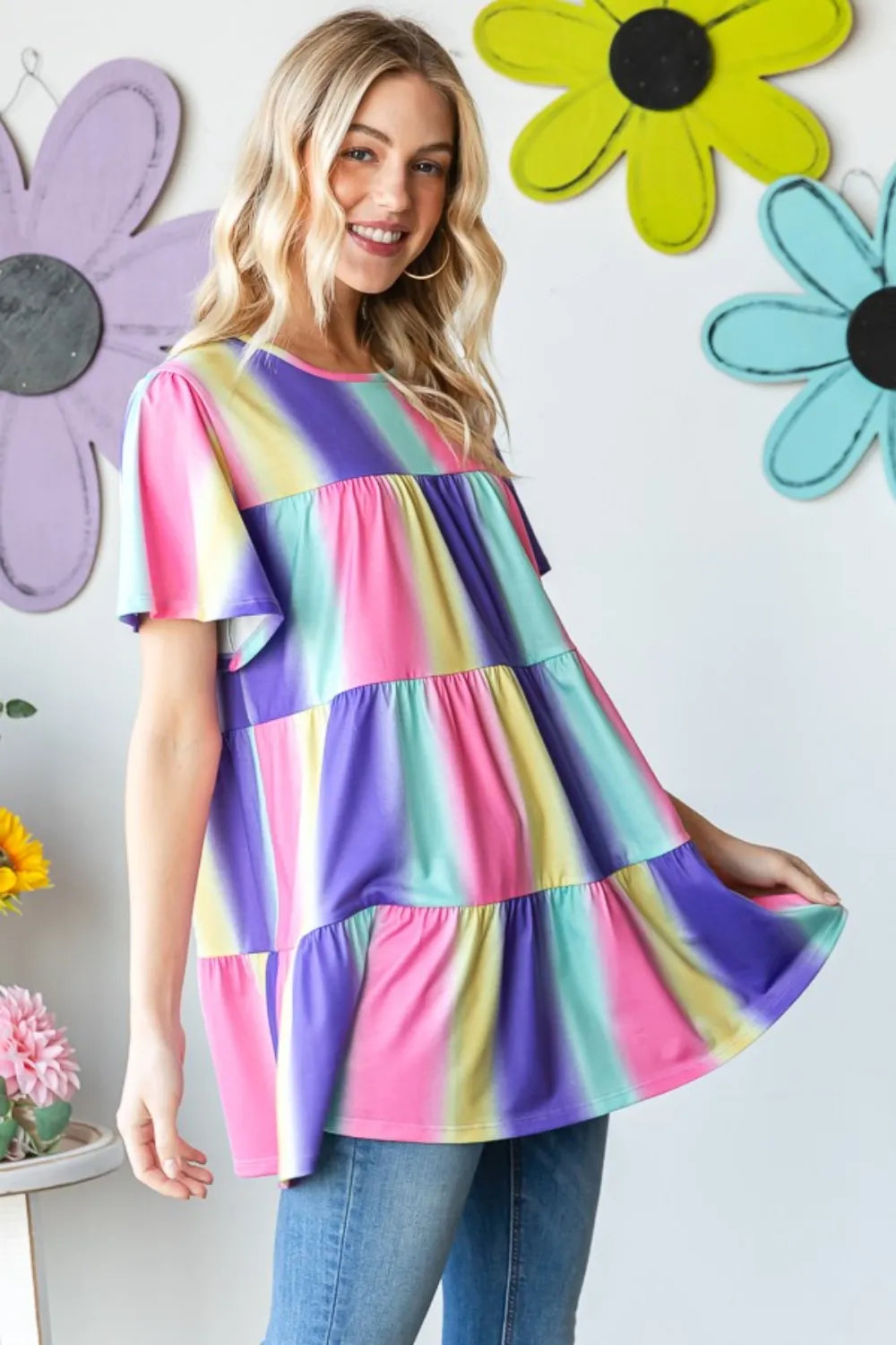 Heimish full size short sleeve striped tiered top in various colors, featuring a relaxed fit and tiered design for casual wear.