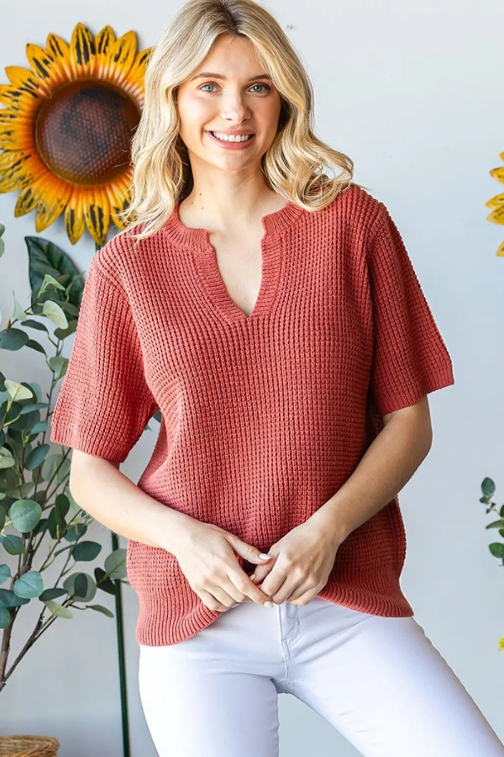 First Love notched short sleeve knit top by Trendsi, showing a close-up of the stylish navy blue t-shirt with notch neckline.