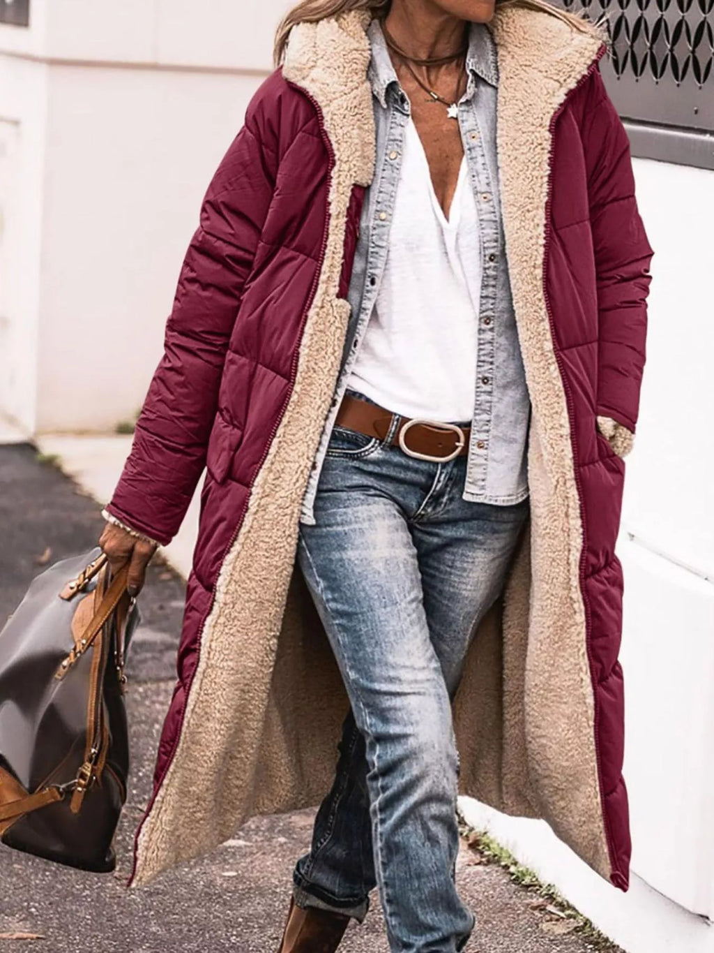 Plus size longline sherpa-lined hooded zip-up coat, view 4