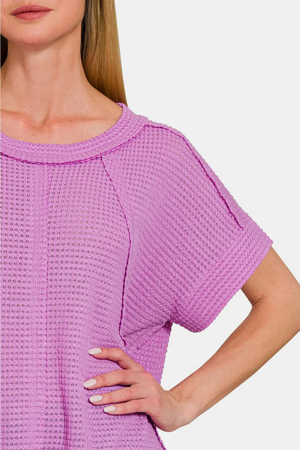 Light beige Zenana waffle short sleeve T-shirt with exposed seams, casual fit, and soft fabric, ideal for everyday wear.