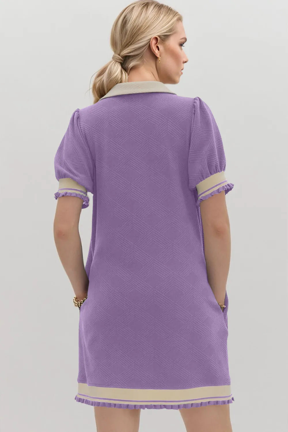 Short sleeve mini dress by Trendsi with contrast trim, Johnny collar, and frill details in a stylish, casual design.