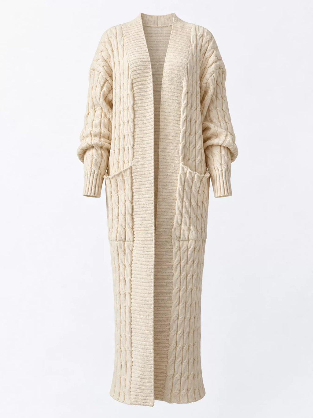 Cable knit longline open-front cardigan