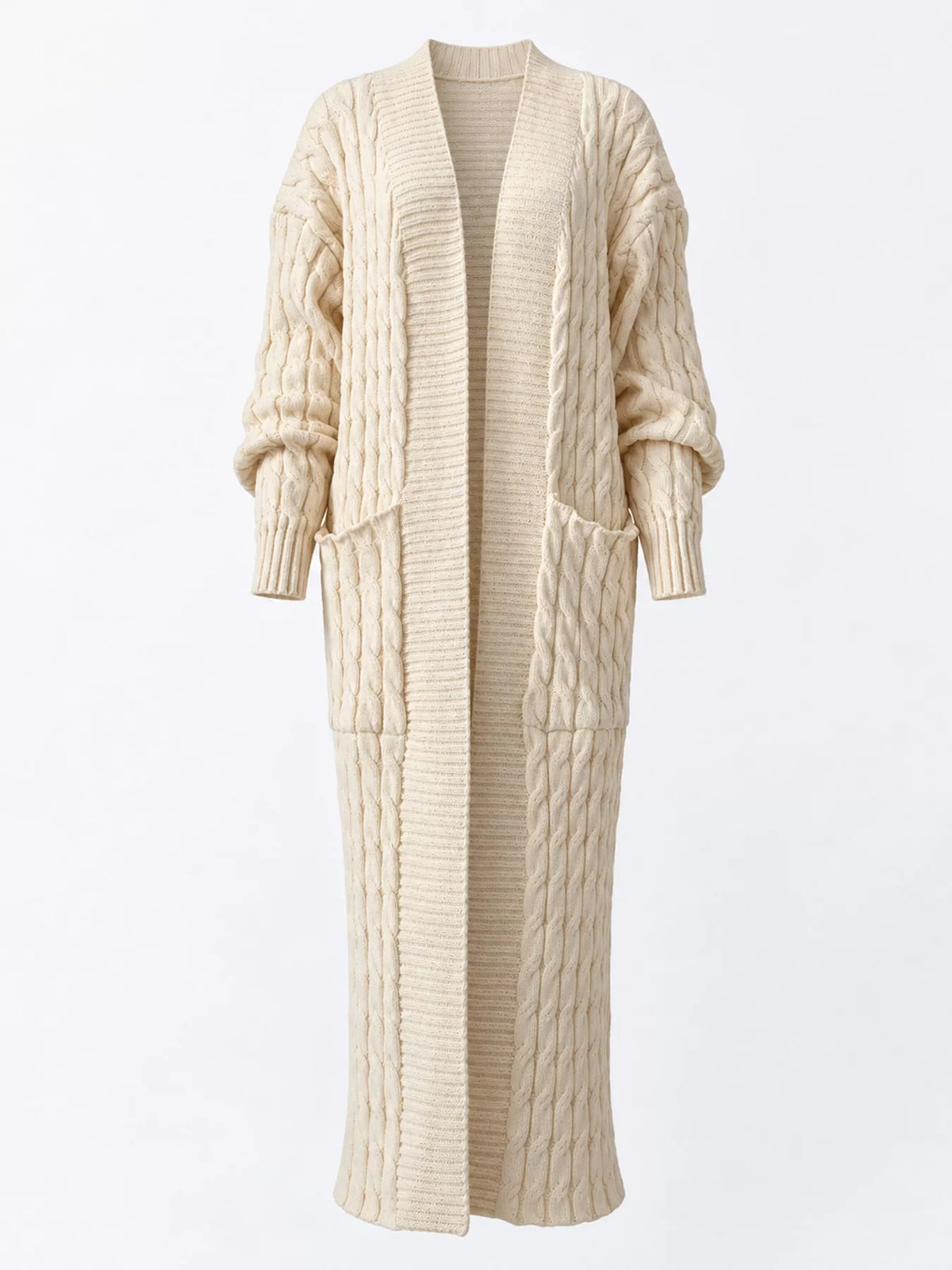Cable knit longline open-front cardigan