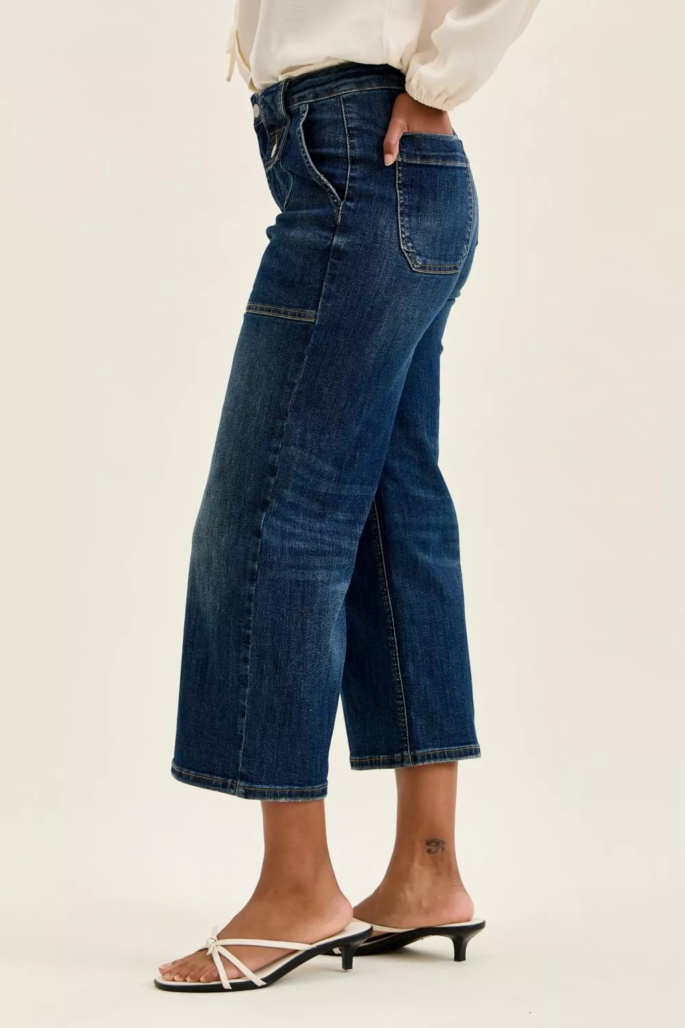 Judy Blue high waist wide crop utility jeans with patch pockets, featuring a trendy denim look and relaxed fit.