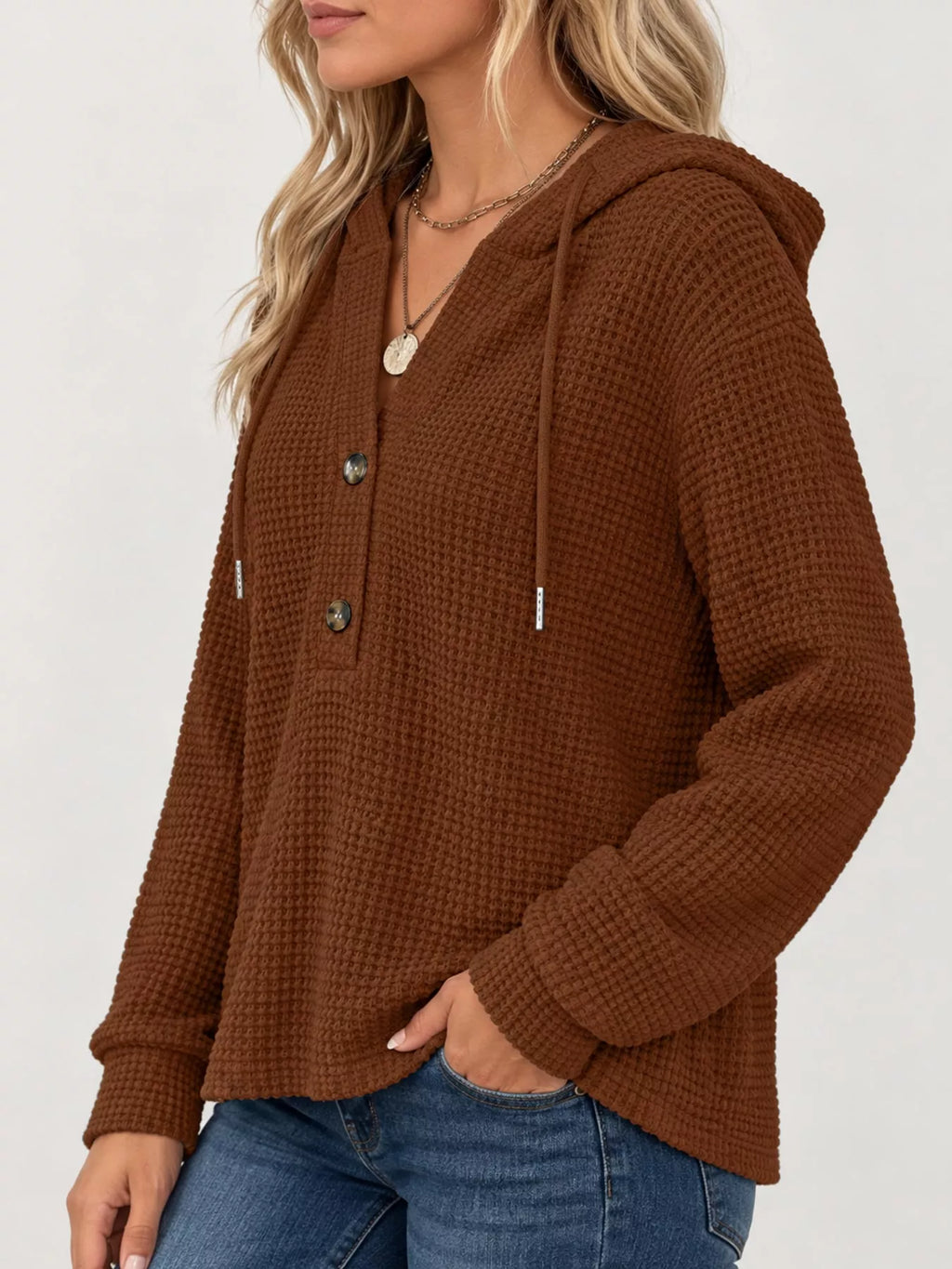 Plus size waffle knit half-button drawstring hoodie, view 40