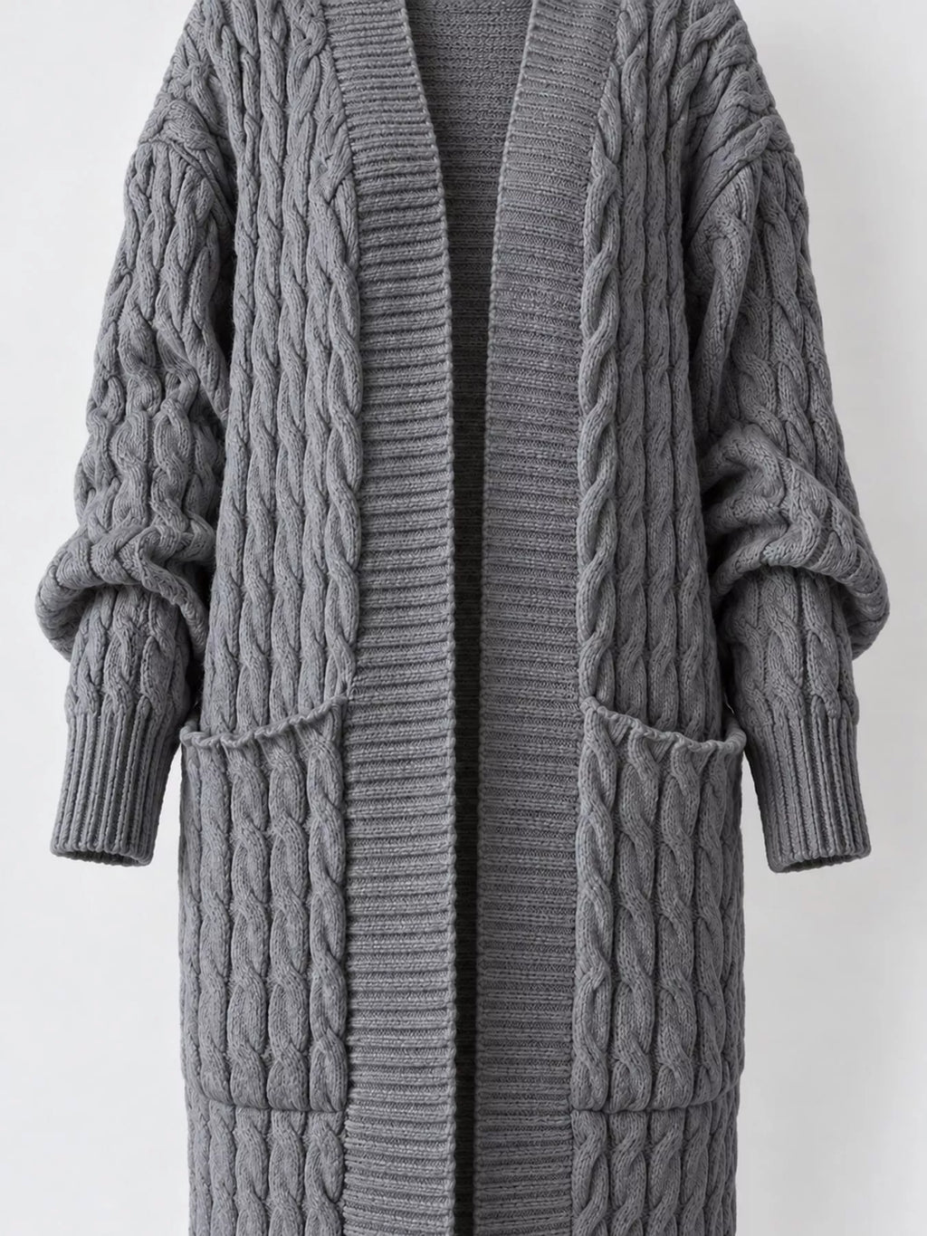 Cable knit longline open-front cardigan, view 7