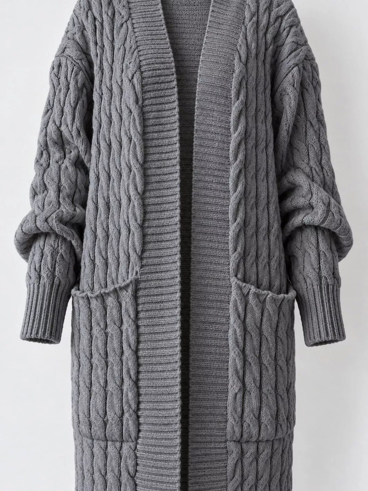 Cable knit longline open-front cardigan, view 7