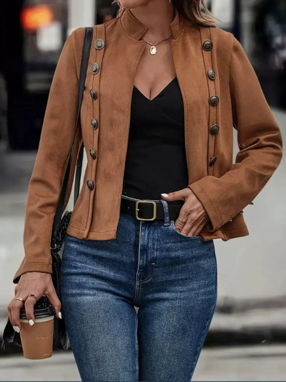Open-front long sleeve jacket with decorative buttons, view 5