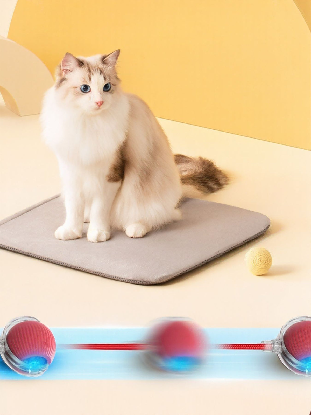 Interactive ball cat toy with rope and sound features, designed to entertain cats and encourage play.