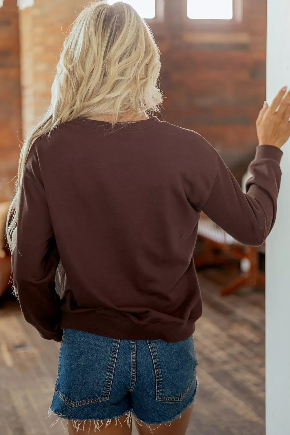 Dark brown crewneck sweatshirt with plaid PRAY graphic, view 8