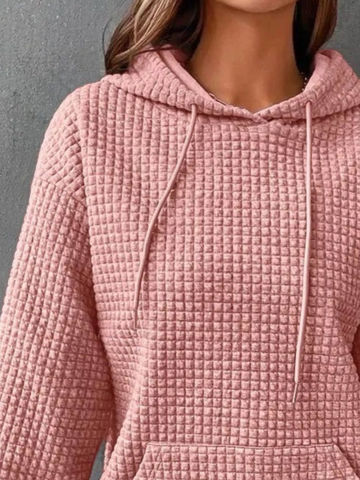 Plus size textured kangaroo pocket hoodie from Trendsi with full size fit, featuring a cozy, soft fabric and casual style.