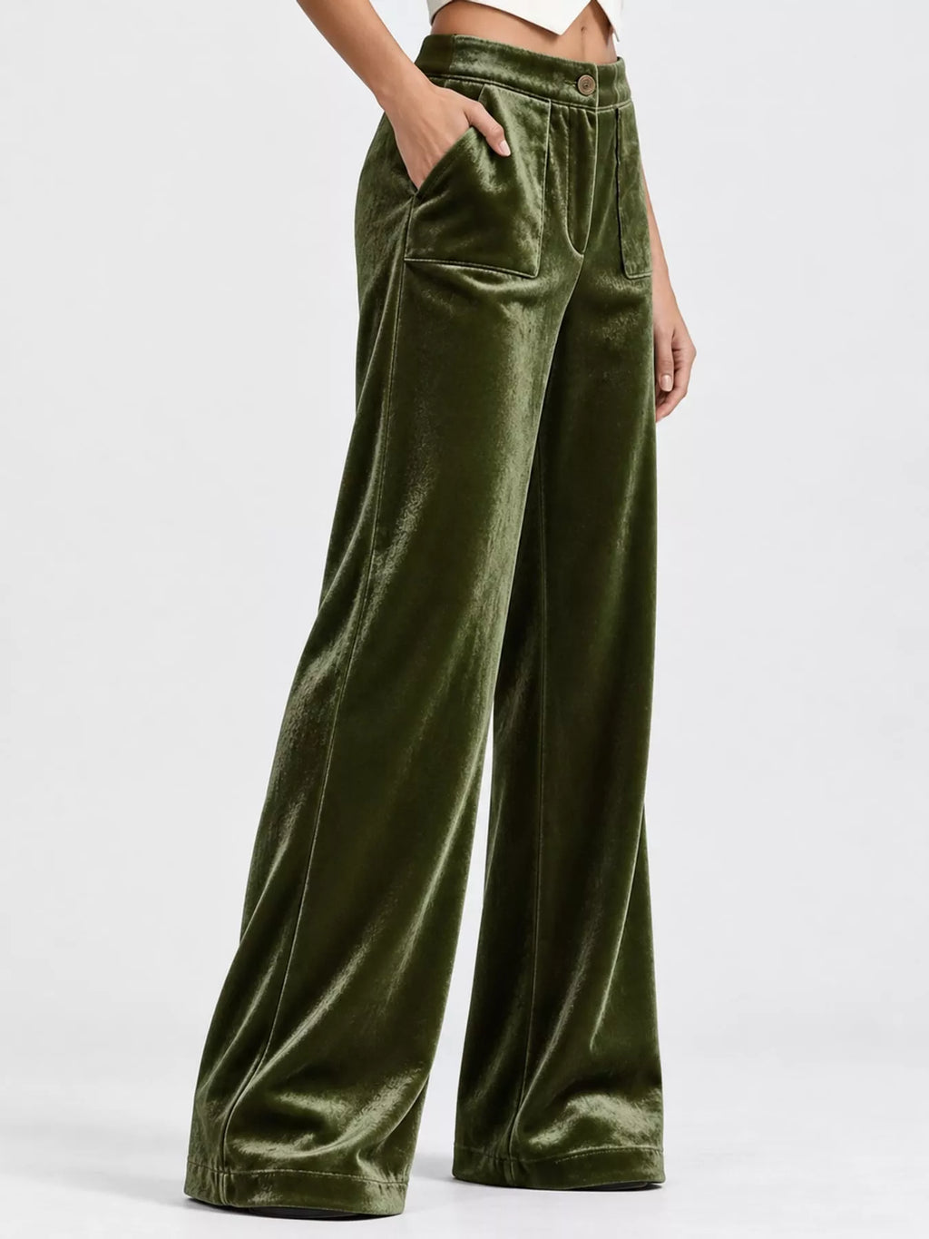 Full size high-waisted velvet wide-leg pants with pockets, plus size, by Trendsi, shown in a stylish fit on a model.