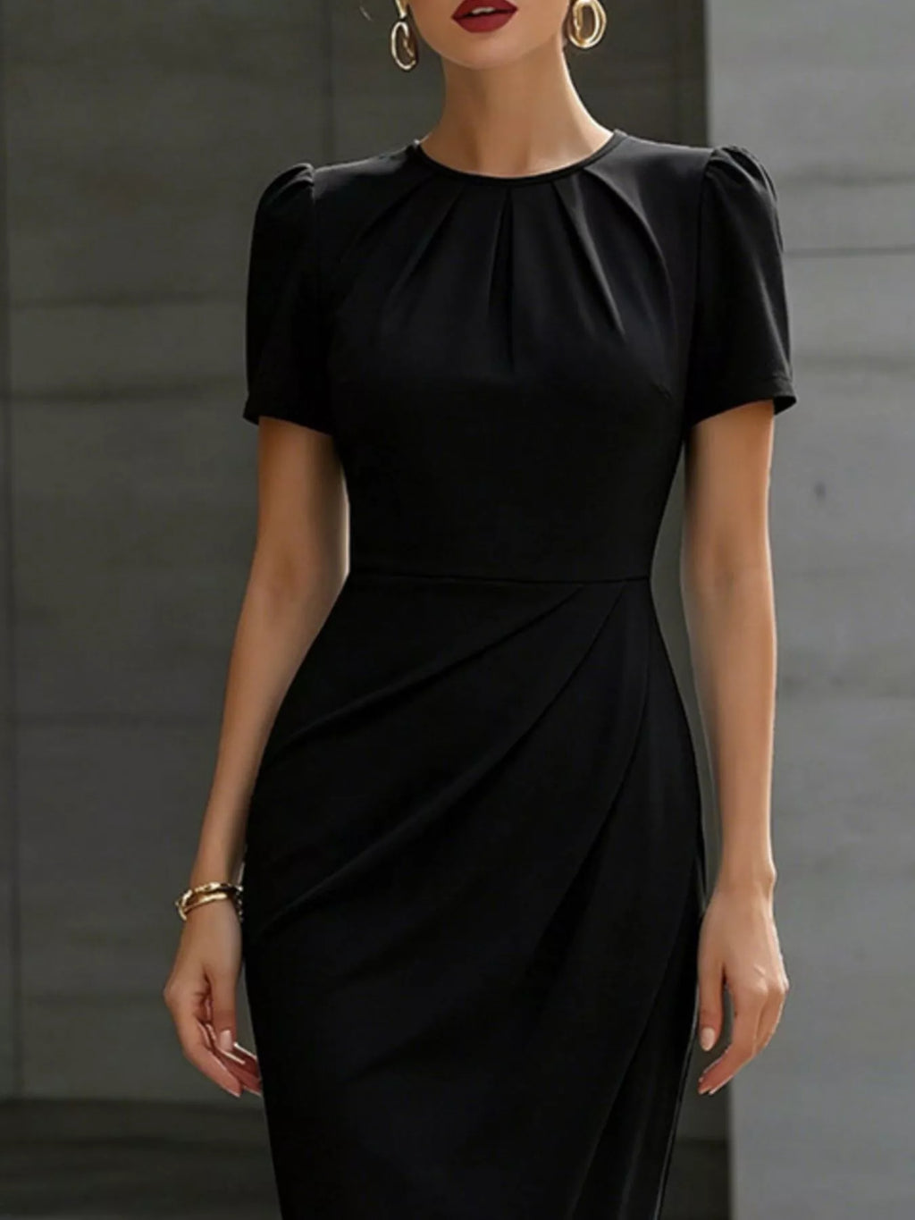 Ruched short sleeve midi dress by Trendsi featuring a fitted waist and soft fabric, shown in a stylish, casual design.