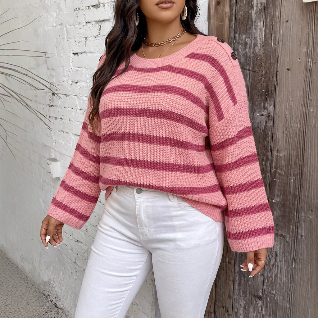 Ladies' Striped Top, Plus Size Women's Clothing, Button Decoration,Sweater