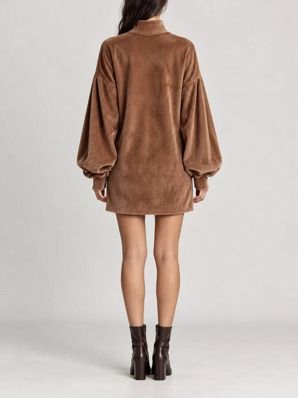 Corduroy mock neck lantern sleeve mini dress, view 15